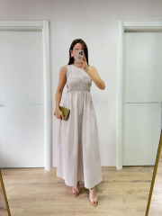 Kolsuz Göğüs Lastıklı %100 Poplin Uzun Elbise - Gri