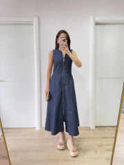 Jeans Kot Önü Tam Fermuarlı Kadın Uzun Elbise - Mavi