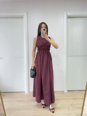Kolsuz Göğüs Lastıklı %100 Poplin Uzun Elbise - Bordo
