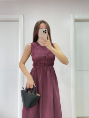 Kolsuz Göğüs Lastıklı %100 Poplin Uzun Elbise - Bordo