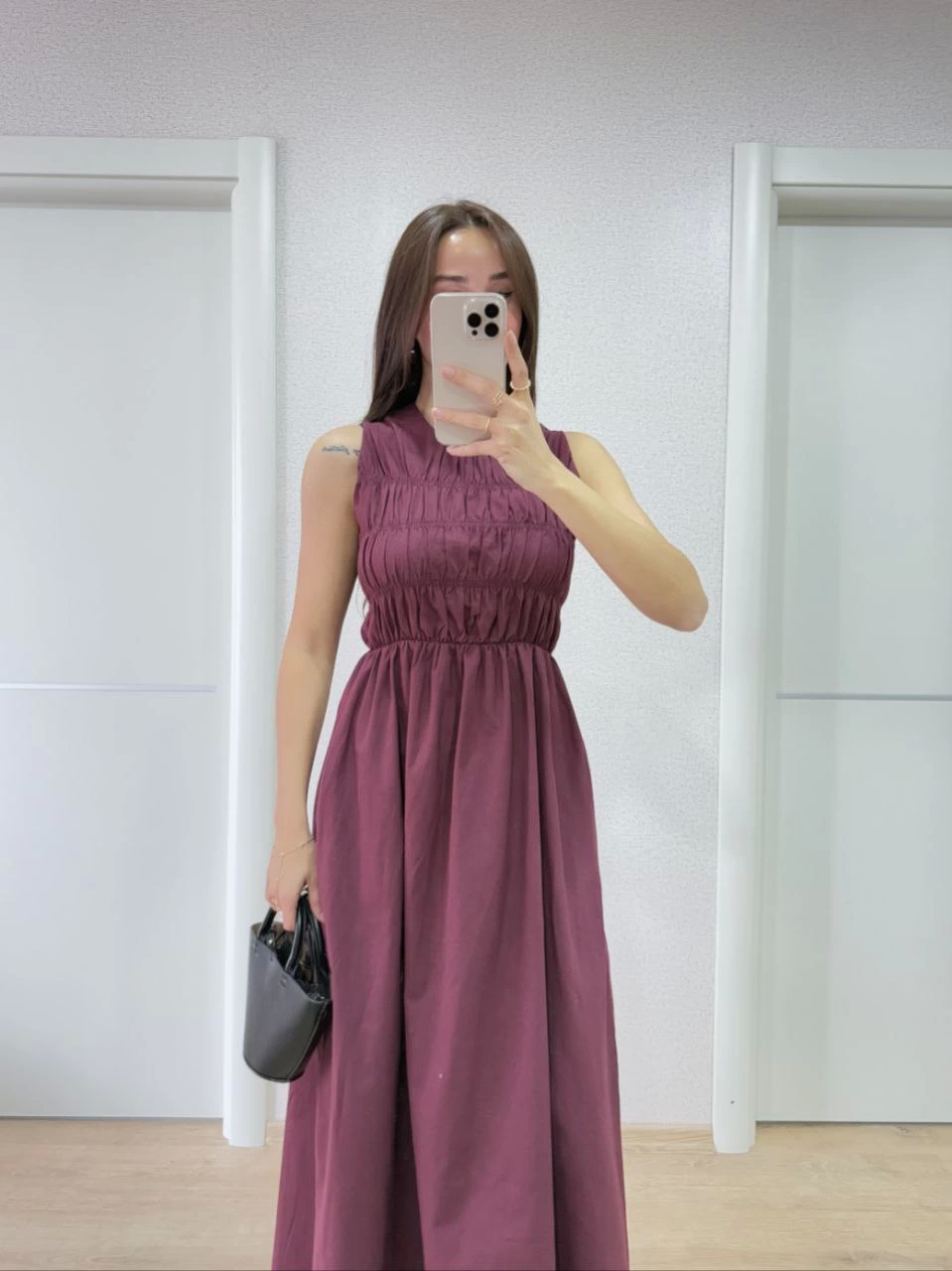 Kolsuz Göğüs Lastıklı %100 Poplin Uzun Elbise - Bordo