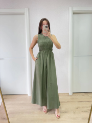 Kolsuz Göğüs Lastıklı %100 Poplin Uzun Elbise - Yeşil