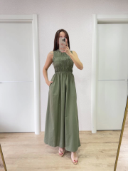Kolsuz Göğüs Lastıklı %100 Poplin Uzun Elbise - Yeşil