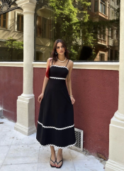 Askılı Uzun Şerit Detaylı Şık ve Rahat Elbise - Siyah