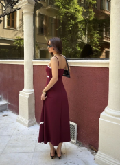 Askılı Uzun Şerit Detaylı Şık ve Rahat Elbise - Bordo