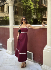 Askılı Uzun Şerit Detaylı Şık ve Rahat Elbise - Bordo