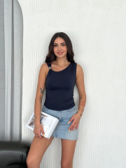 Osy Modal Yumuşak Dokulu Kumaş Bisiklet Yaka Kadın Sıfır Kol Bluz Omuz Toka Aksesuar Detaylı - Lacivert