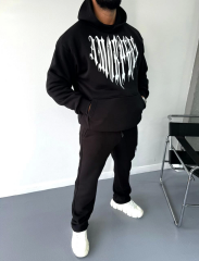 Uzun Kol Kapüşonlu Baskılı SweatShirt - Siyah