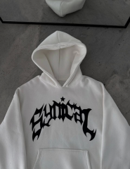 Üç İplik Kapüşonlu Baskılı Oversize SweatShirt- Beyaz
