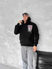 Uzun Kol Kapüşonlu Ön Ve Arka Baskılı SweatShirt - Siyah