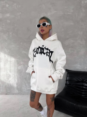 Unisex Üç İplik Kapüşonlu Baskılı SweatShirt - Beyaz