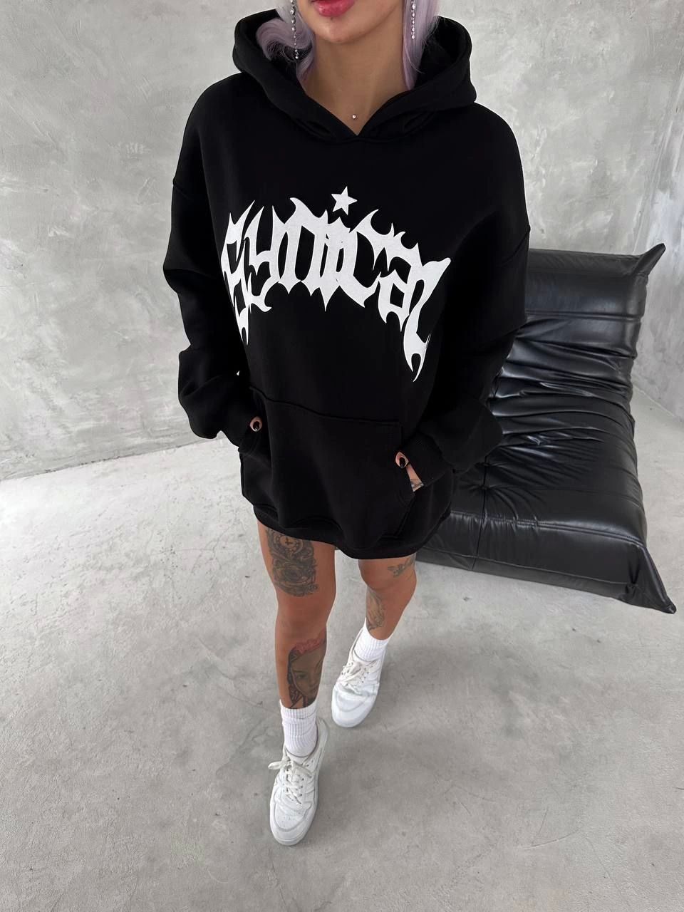 Unisex Üç İplik Kapüşonlu Baskılı SweatShirt - Siyah
