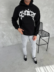 Unisex Üç İplik Kapüşonlu Baskılı SweatShirt - Siyah