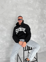 Unisex Üç İplik Kapüşonlu Baskılı SweatShirt - Siyah