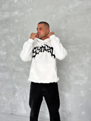 Unisex Üç İplik Kapüşonlu Baskılı SweatShirt - Beyaz