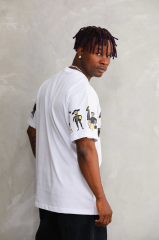 Unisex Bisiklet Yaka Baskılı Oversize T-Shirt - Beyaz