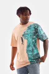 Unisex Bisiklet Yaka Baskılı Oversize T-Shirt - Bej