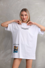 Unisex Bisiklet Yaka Baskılı Oversize T-Shirt - Beyaz