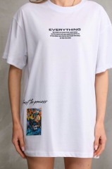Unisex Bisiklet Yaka Baskılı Oversize T-Shirt - Beyaz