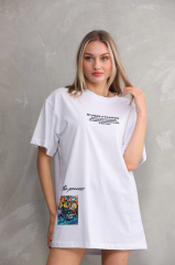 Unisex Bisiklet Yaka Baskılı Oversize T-Shirt - Beyaz