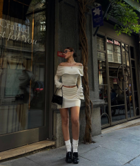 Straplez , Madonna , Carmen Yaka Croplu Mini Etekli ikili Takım Triko - Beyaz
