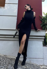 Bolerolu Boğazlı Uzun Elbise 2 Li Triko Takım - Siyah