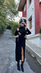 Bolerolu Boğazlı Uzun Elbise 2 Li Triko Takım - Siyah