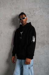 Erkek Baskılı Kapüşonlu Sweat - Siyah