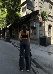 Kadın  Arkadan Yırtmaçlı Jeans Kot Palazzo Pantolon - Siyah