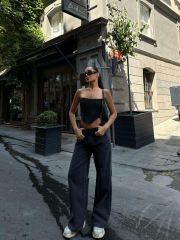 Kadın  Arkadan Yırtmaçlı Jeans Kot Palazzo Pantolon - Siyah