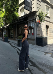 Kadın  Arkadan Yırtmaçlı Jeans Kot Palazzo Pantolon - Siyah